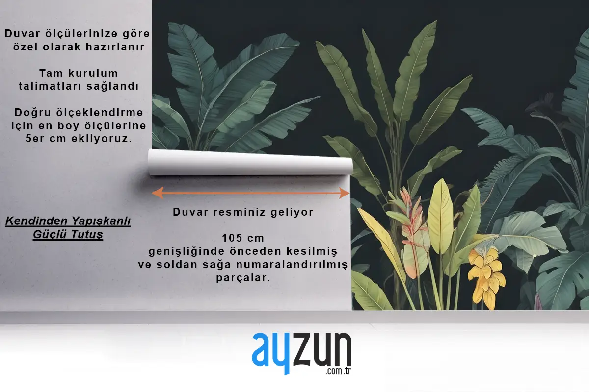 Koyu Arka Plan Büyük Yeşil Yapraklar Muz Bitkiler Renkli Çiçekler Oturma Odası Salon Duvar Kağıdı