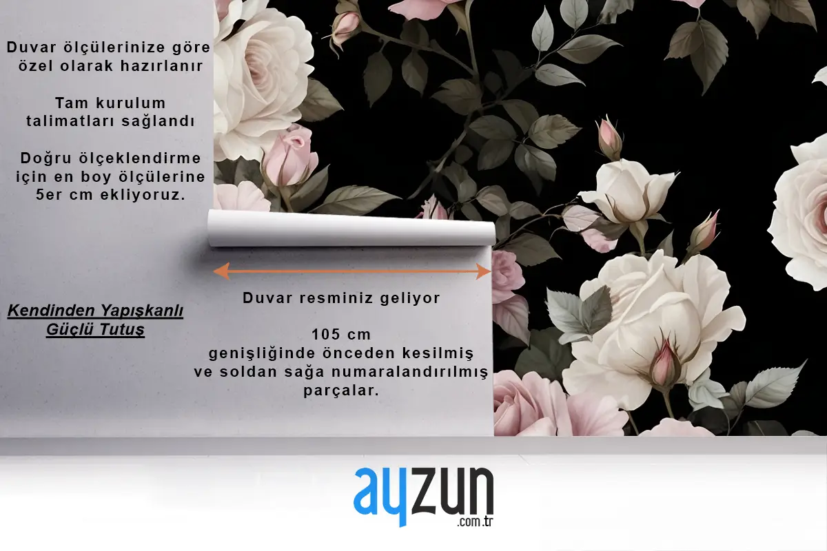 Koyu Arka Plan Büyük Pembe Beyaz Güller Yeşil Yapraklar Oturma Odası Salon Duvar Kağıdı