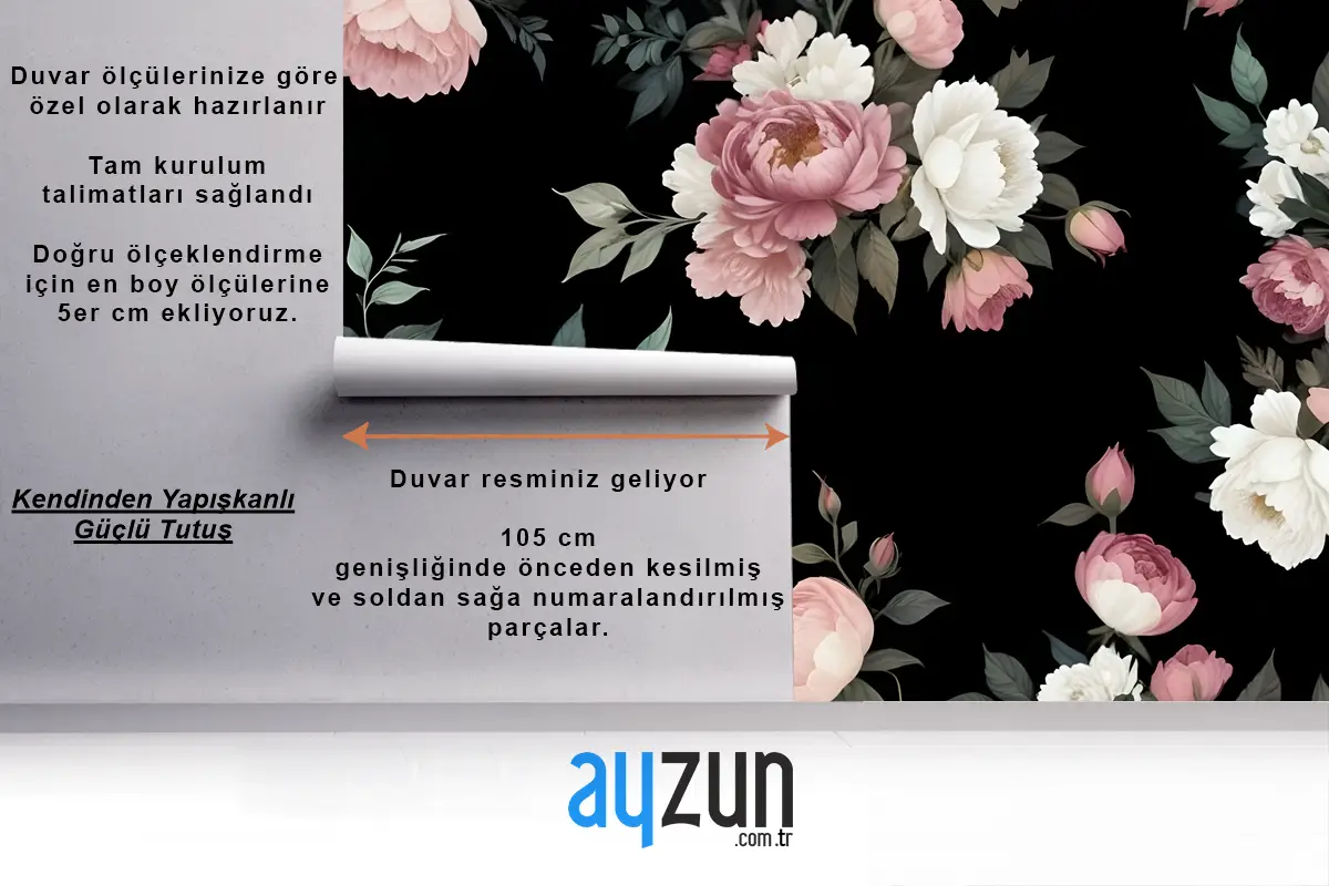 Koyu Arka Plan Büyük Pembe Beyaz Güller Şakayık Diğer Çiçekler Oturma Odası Salon Duvar Kağıdı