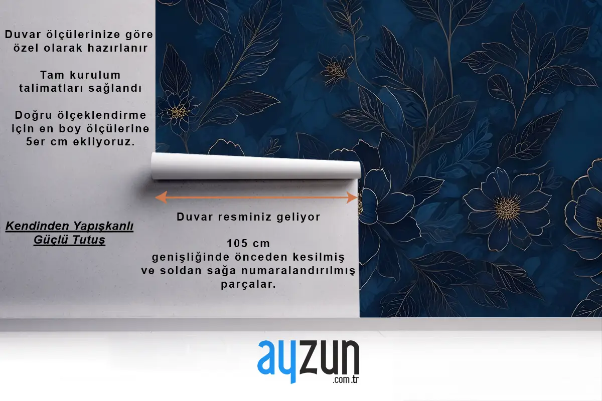 Koyu Lacivert Şakayık Çiçek Çizim Sanat Duvar Kağıdı 