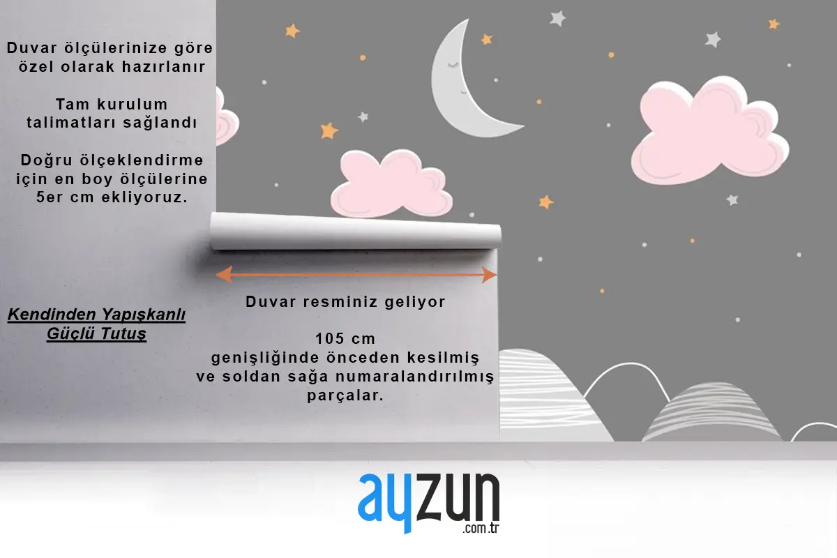 Dağ Manzarası Bulutlar Ve Uyuyan Ay Çocuk Odası Duvar Kağıdı  Ile İskandinav Tarzında Dekor