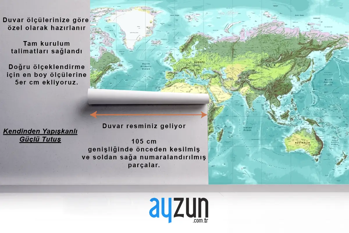 Detaylı Fiziksel Dünya Haritası Miller Projeksiyonu Duvar Kağıdı