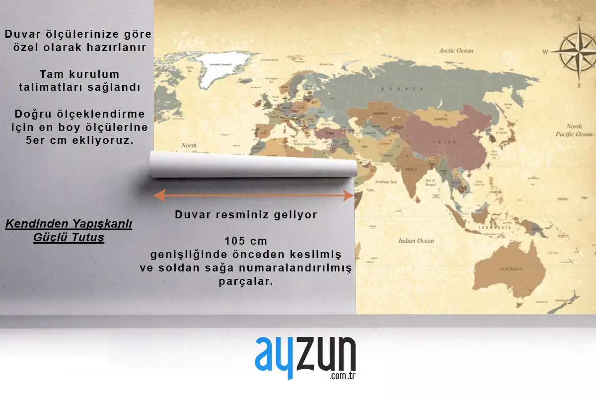 Dokulu Vintage Dünya Haritası Duvar Kağıdı