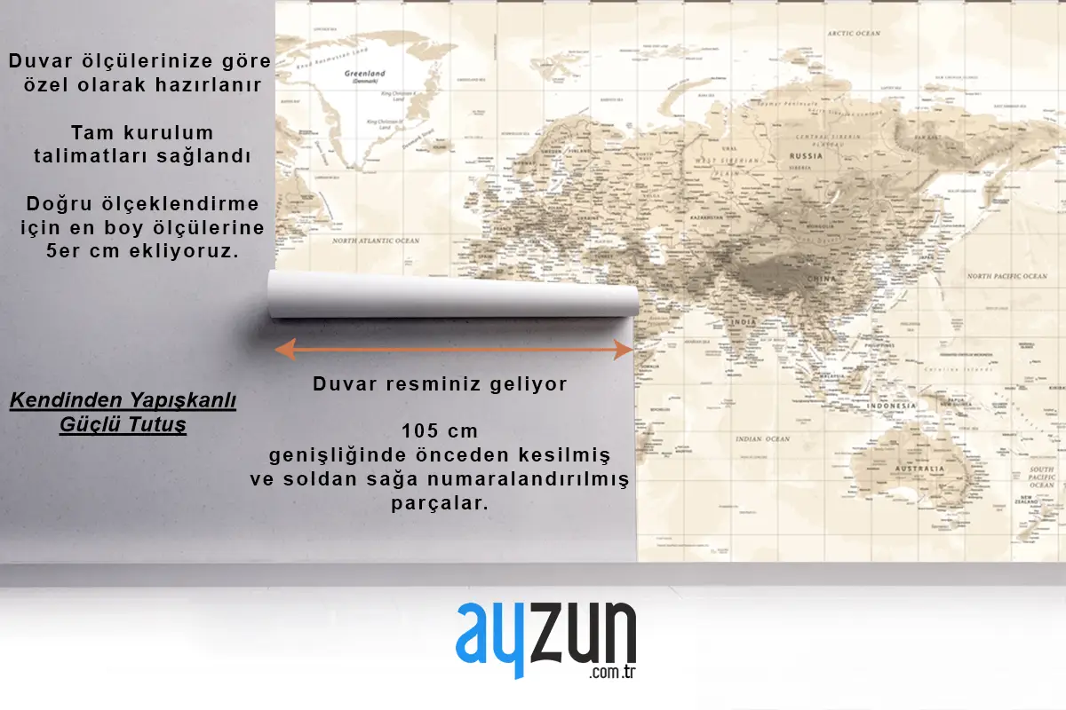 Dünya Haritası Fiziksel Vintage Retro Eski Stil Duvar Kağıdı 