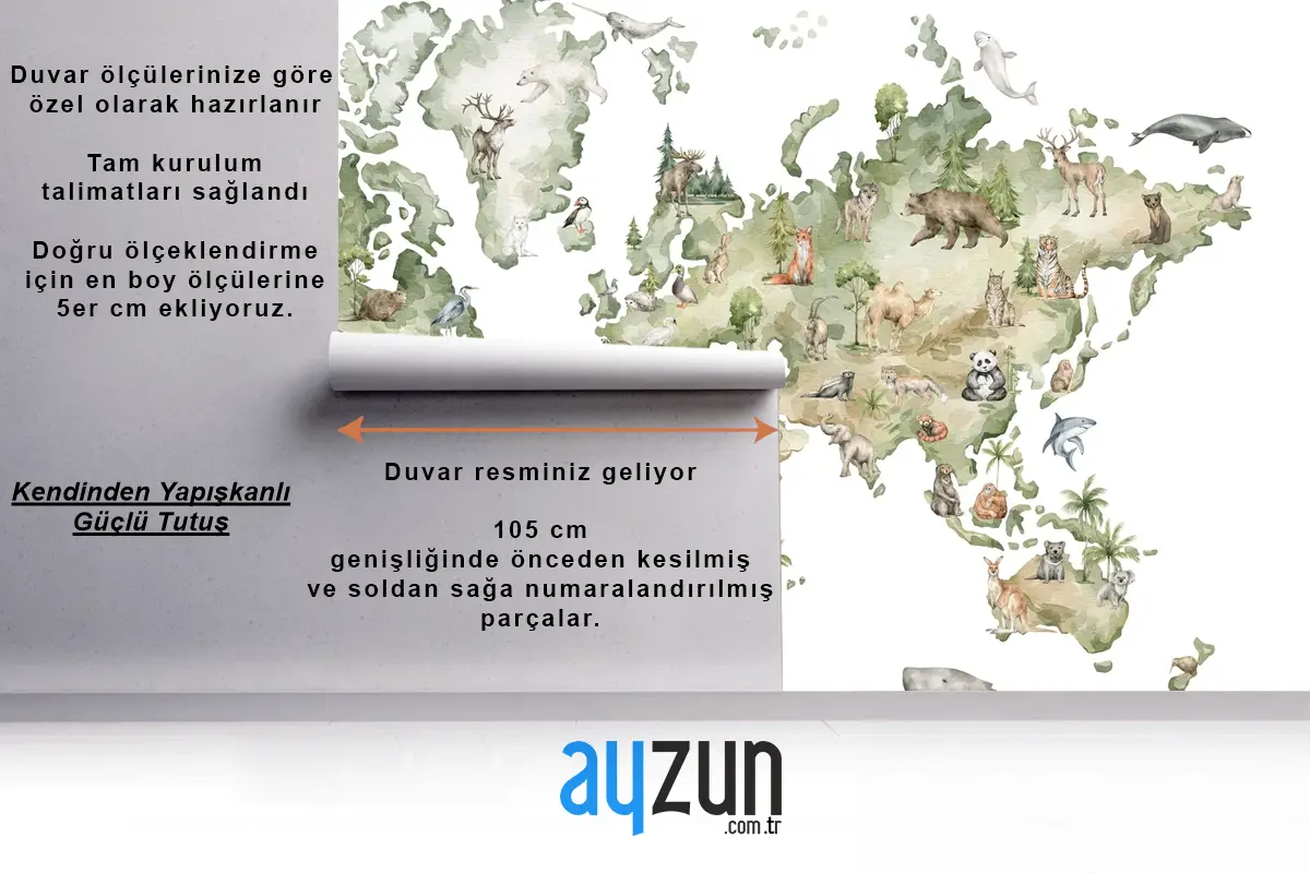 Dünya Haritası ve Dünya Hayvanları Temalı Çocuk Odası Duvar Kağıdı