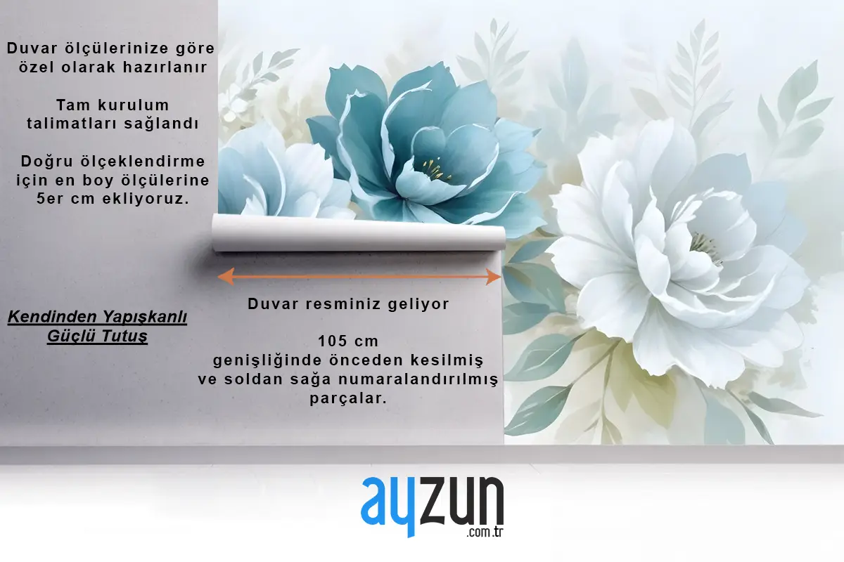 Avrupa Tarzı 3D Görünümlü Mavi Yeşil Çiçek Duvar Kağıdı 