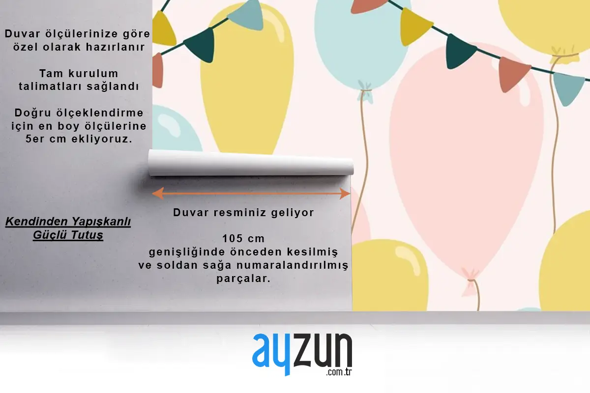 Mavi Pembe Ve Sarı Balonlu Şenlikli Arka Plan Çocuk Odası Duvar Kağıdı