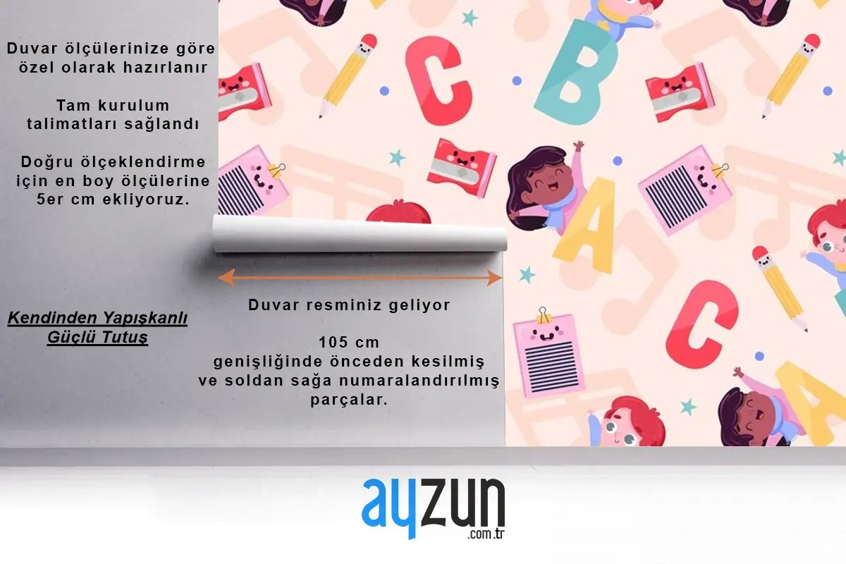 Düz Okula Dönüş Desen Tasarımı Çocuk Odası Duvar Kağıdı