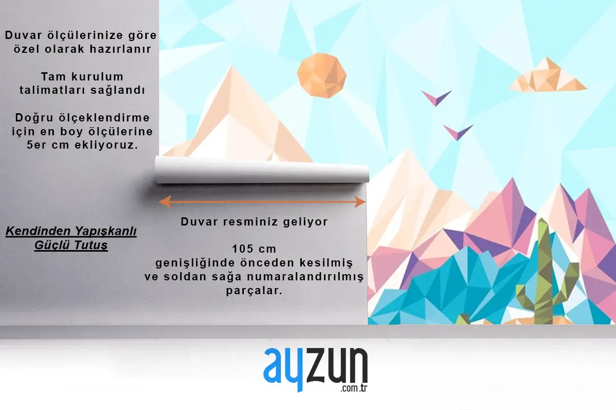 Düz Tasarım Düşük Poli Manzara Çocuk Odası Duvar Kağıdı 