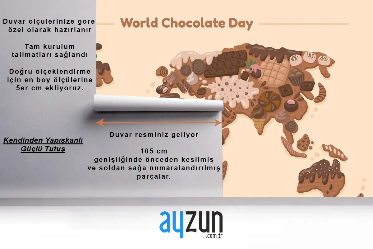 Düz Dünya Haritası Çikolata Günü Çocuk Odası Duvar Kağıdı