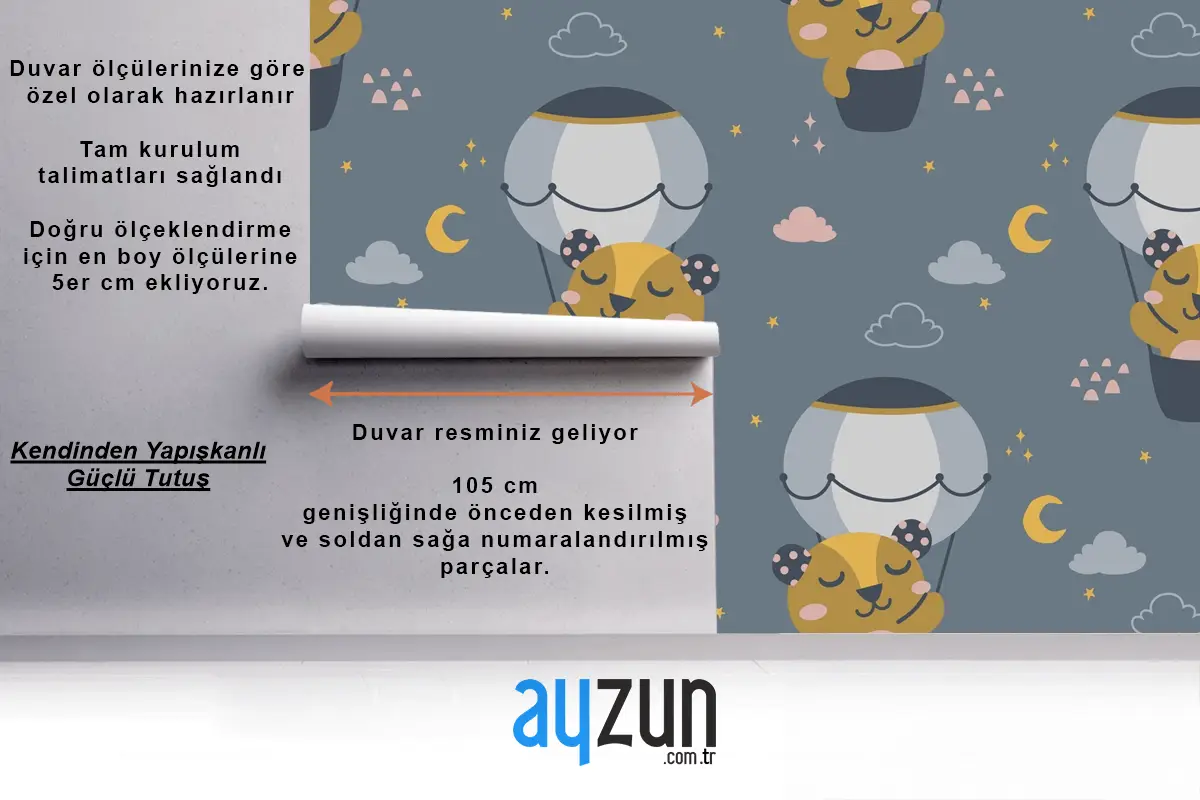 Uçan Sevimli Ayı İskandinav Desen Çocuk Odası Duvar Kağıdı