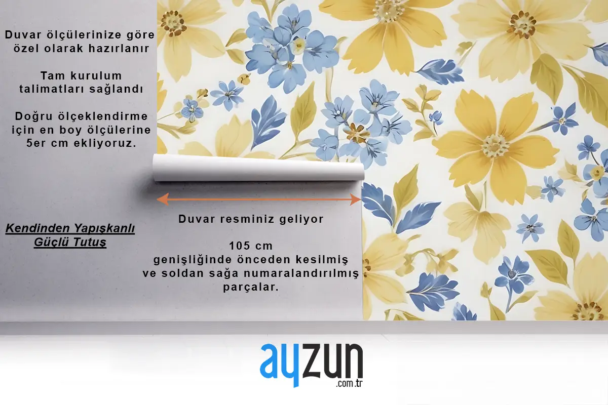Beyaz Antre  Hol  Koridor Duvar Kağıdı Duvarında Büyük Sarı Çiçekler Ve Daha Küçük Mavi Çiçeklerle Çiçek Desenli