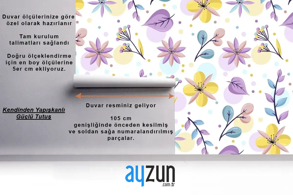 Pastel Renklerde Çiçek Desenli Duvar Kağıdı