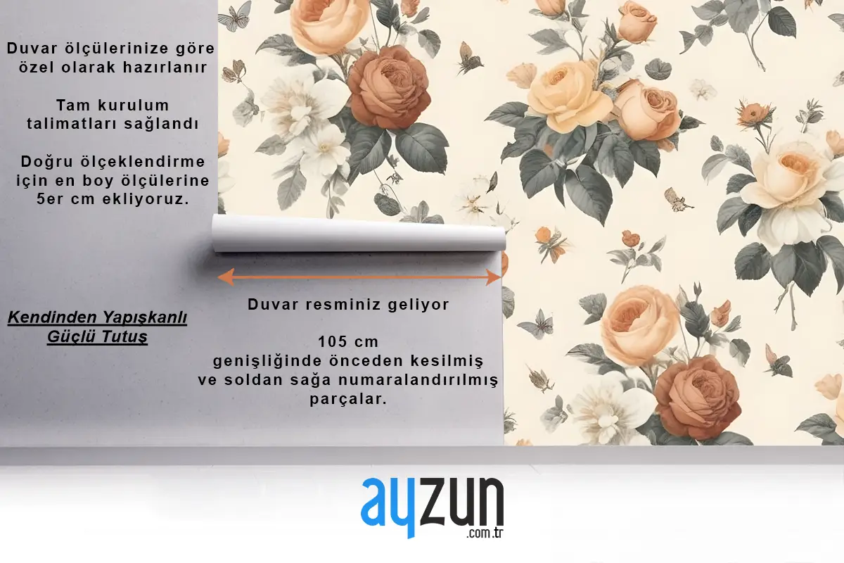 Çeşitli Gül Türleriyle Çiçek Desenli Oturma Odası Salon Duvar Kağıdı