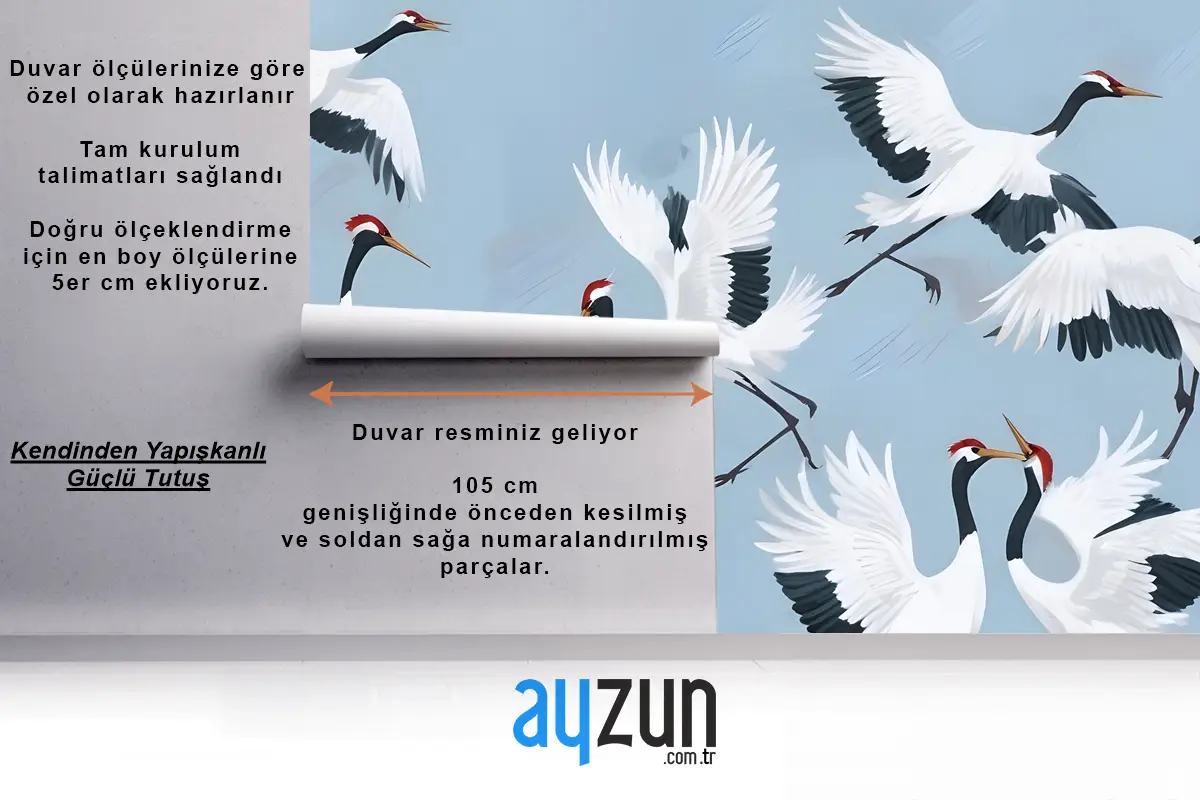 Uçan Japon Vinçleri Mavi Boyalı Banyo Duvar Kağıdı