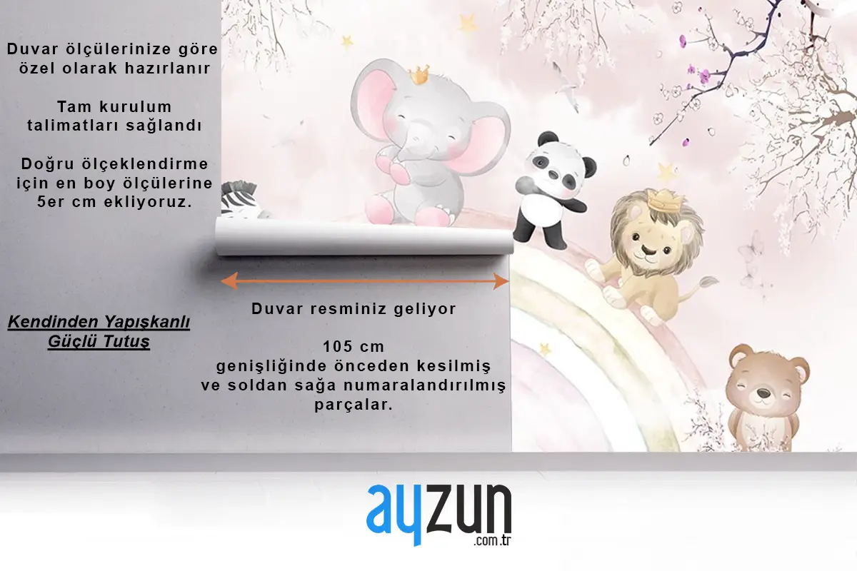 Gökkuşağı Üzerinde Sevimli Hayvanlar Çocuk Odası Duvar Kağıdı