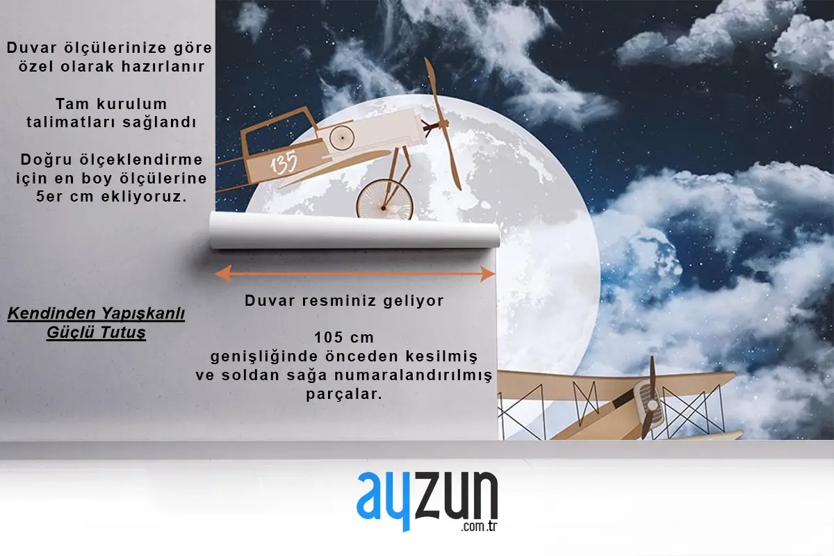 Gökyüzünde Ay Ve Uçaklar Çocuk Odası Duvar Kağıdı