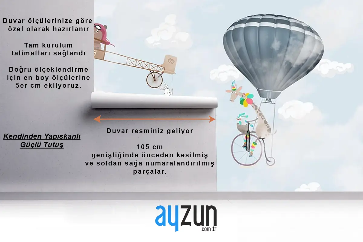 Gökyüzünde Uçak Balonlar Ve Sevimli Hayvanlar Çocuk Odası Duvar Kağıdı
