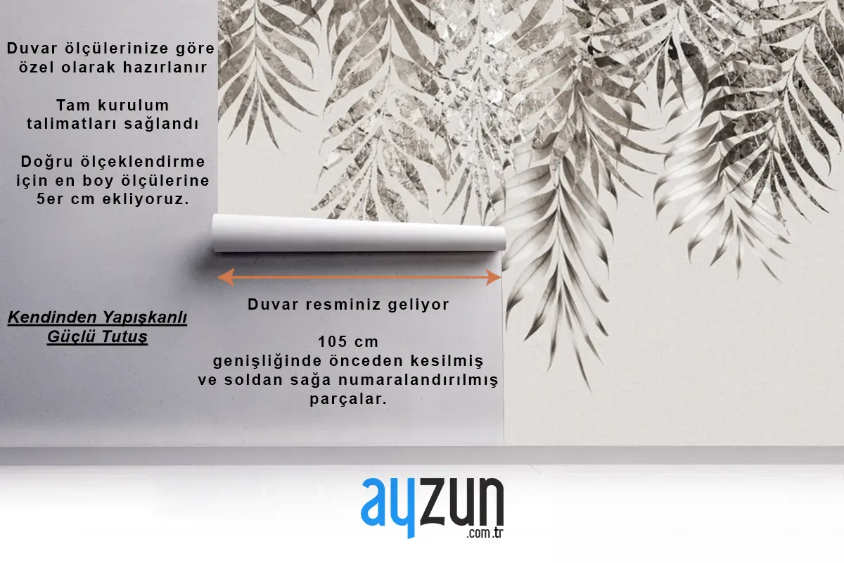 Gri Dallar Ağaç Yaprakları Çizim Yatak Odası Duvar Kağıdı