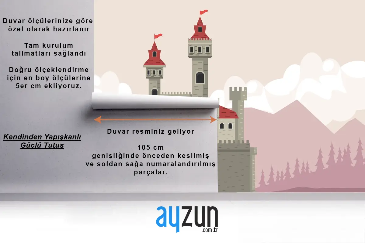 Pembe Manzara Sahnesi Çocuk Odası Duvar Kağıdı Duvarındaki Gri Kale