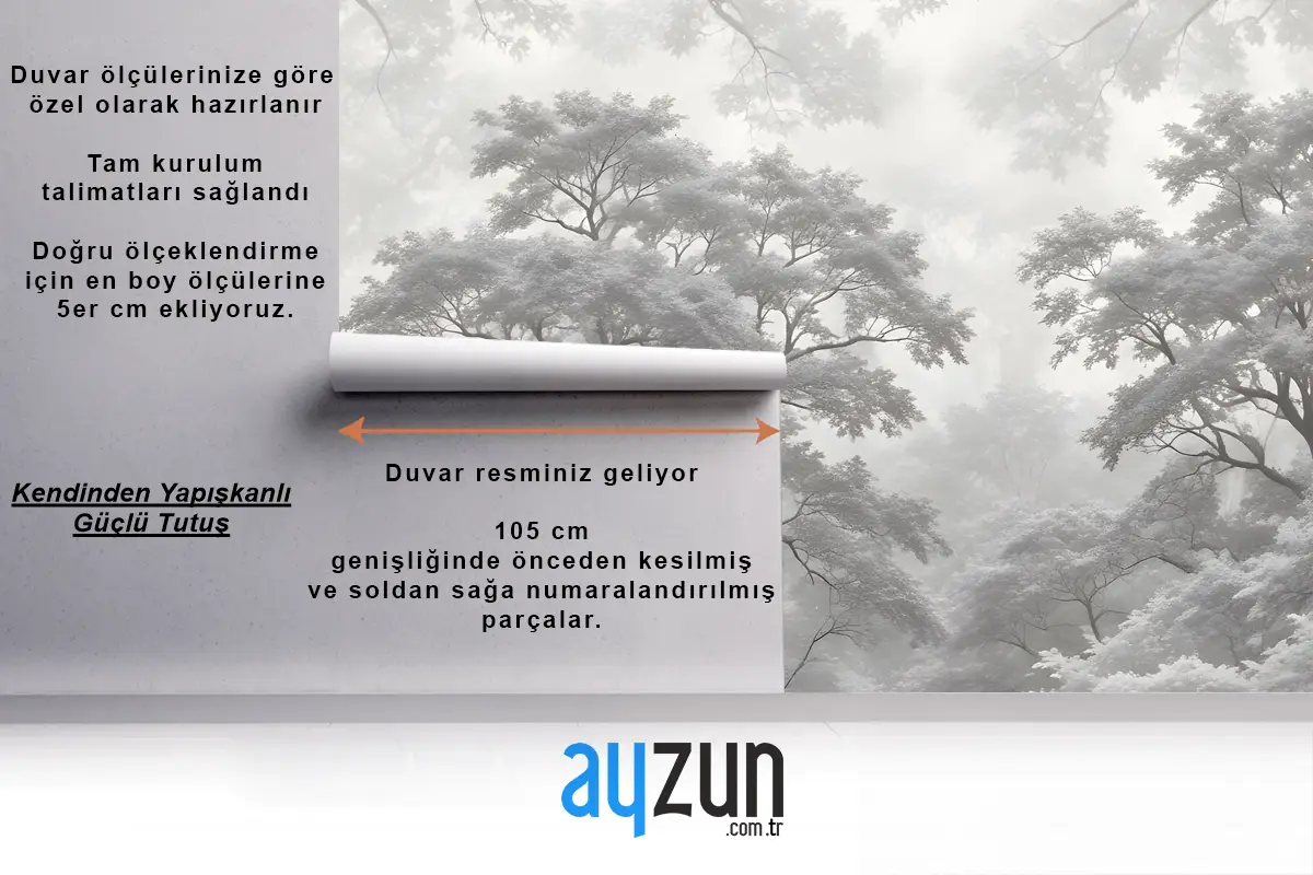 Gri Orman İllüstrasyon Gravür Yatak Odası Duvar Kağıdı