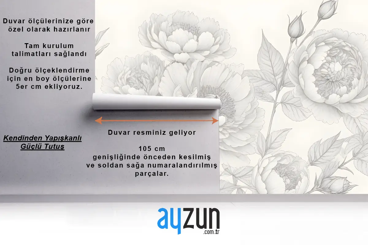 Gri Büyük Resimli Güller Yatak Odası Duvar Kağıdı