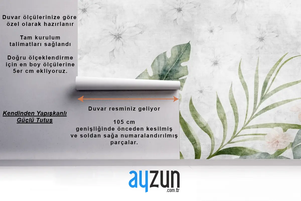 Gri Yatak Odası Duvar Kağıdı Duvar Çiziminde Yeşil Dallar Ağaç Yaprakları