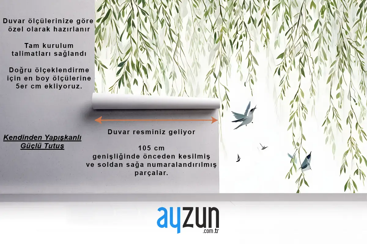 Renkli Kuşlar İle Yeşil Asılı Yapraklar Yatak Odası Duvar Kağıdı