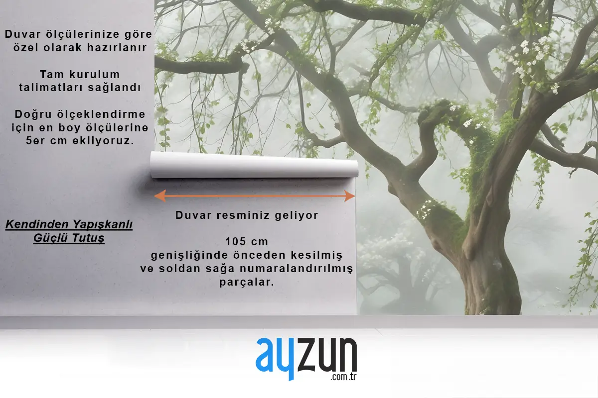 Yeşil Beyaz Yapraklar Ve Çiçekler Ağaç Dalları Yatak Odası Duvar Kağıdı