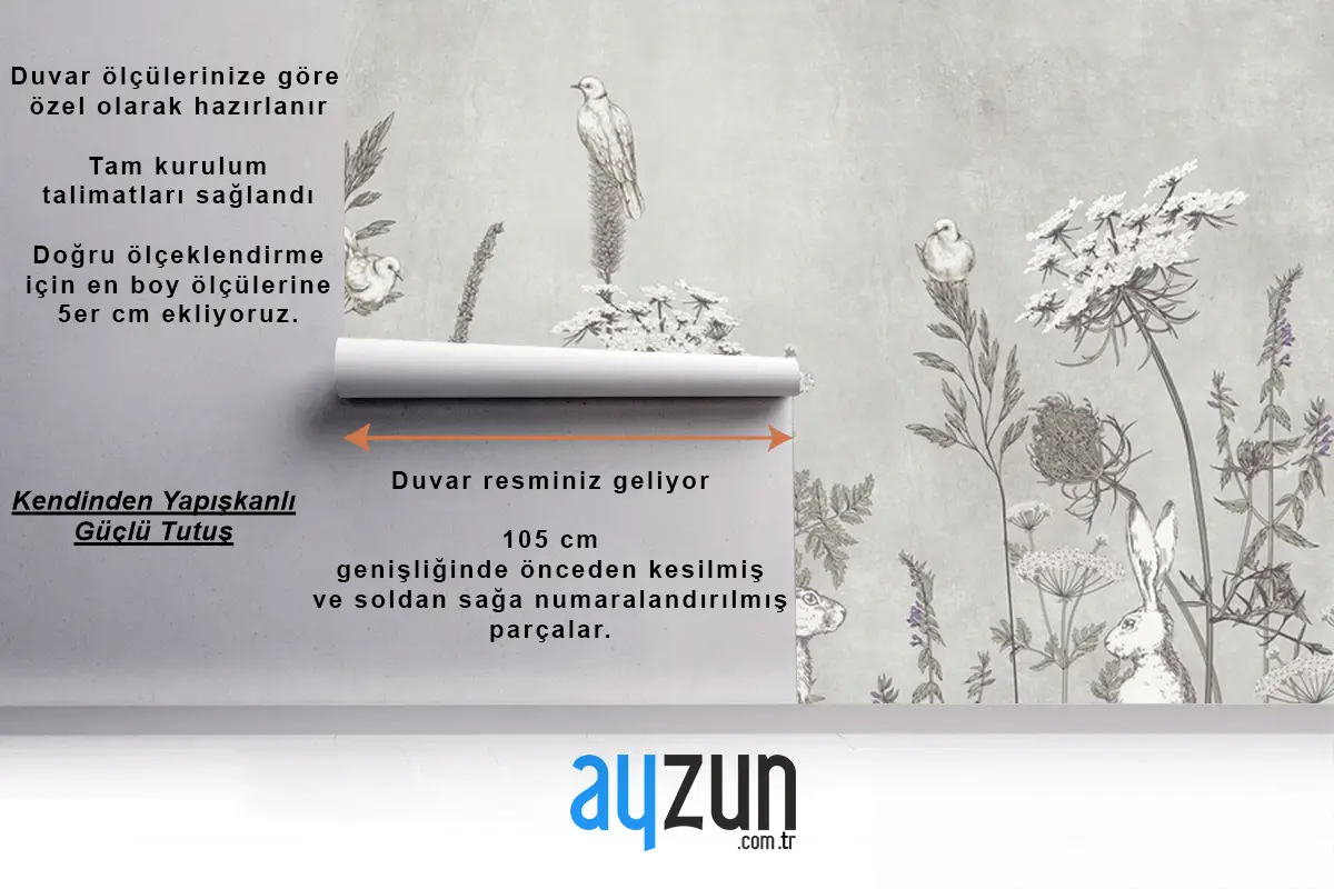 Gri Tavşanlar Ve Çiçekler Çocuk Odası Duvar Kağıdı