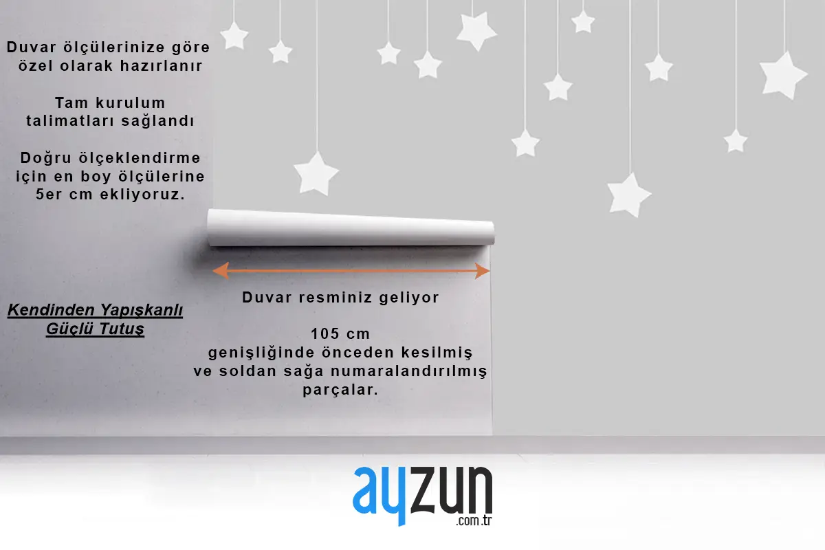 Gri Zemin Beyaz Yıldızlar Çocuk Odası Duvar Kağıdı
