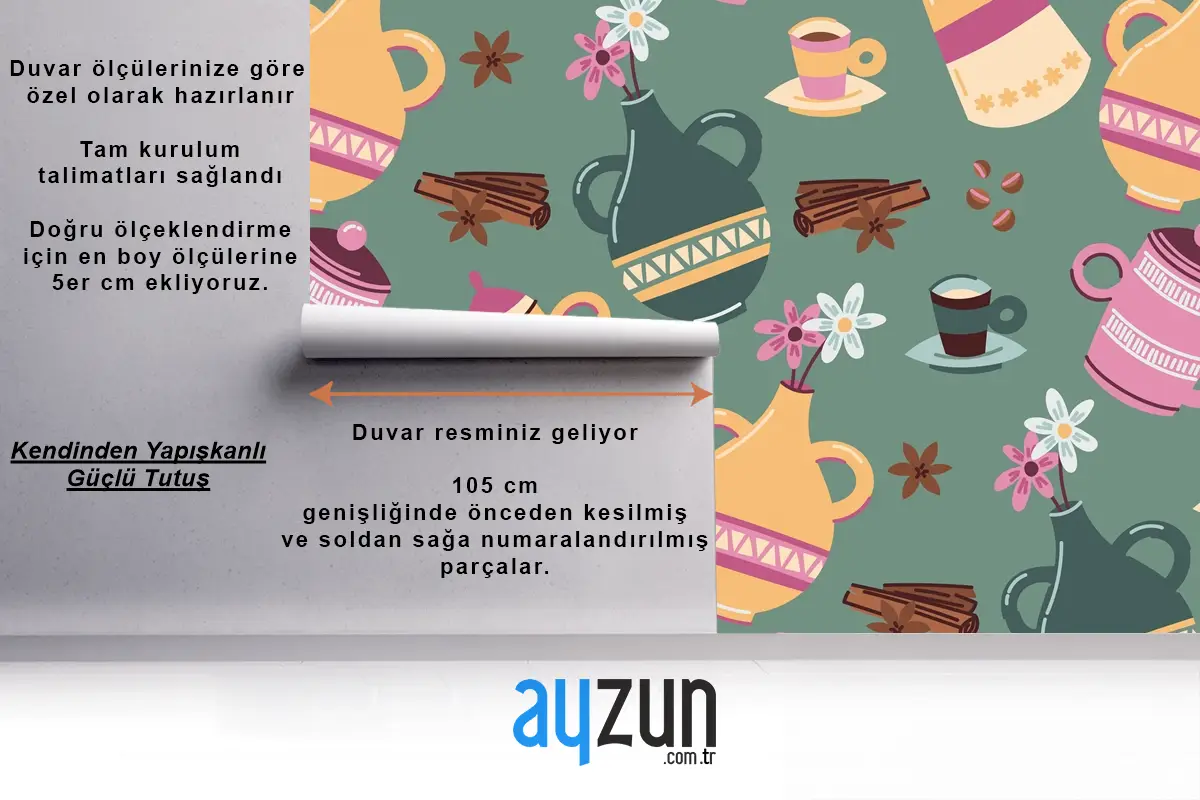 Elle Çizilmiş Renkli Kahve Desenli Mutfak Duvar Kağıdı