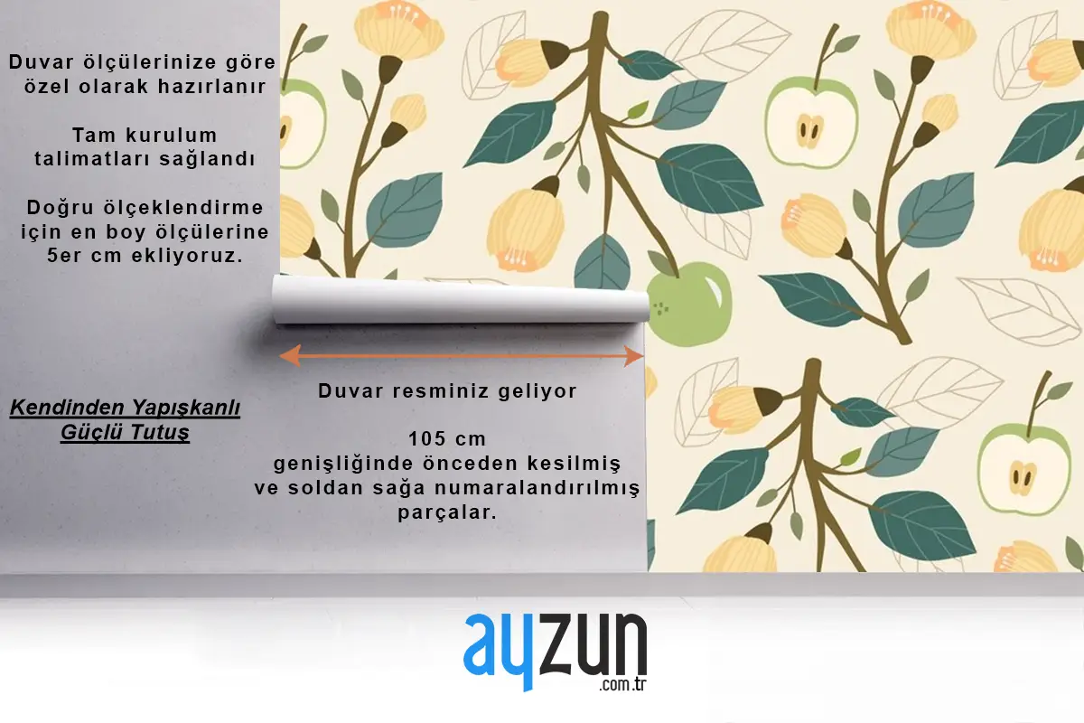 Elle Çizilmiş Düz Meyve Ve Çiçek Desenli Mutfak Duvar Kağıdı 