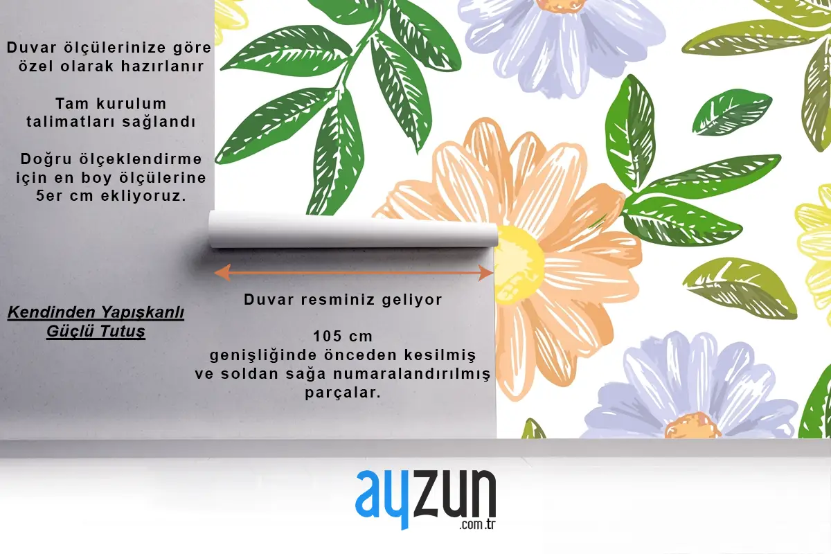 Elle Çizilmiş Çiçek Nakış Mutfak Duvar Kağıdı