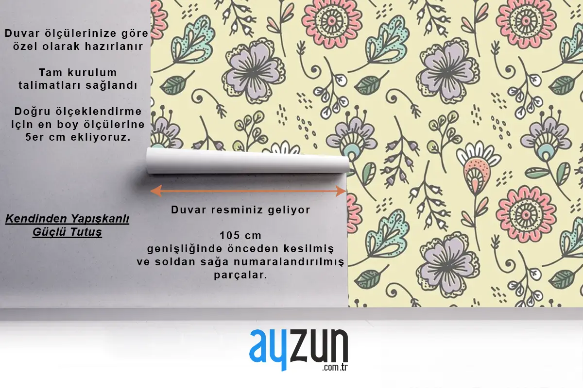 Elle Çizilmiş Çiçek Desenli Tasarım Duvar Kağıdı