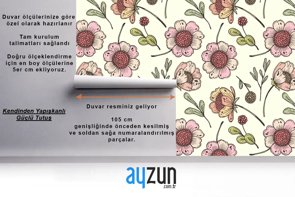 Şeftali Tonlarında Elle Çizilmiş Çiçek Desenli Duvar Kağıdı