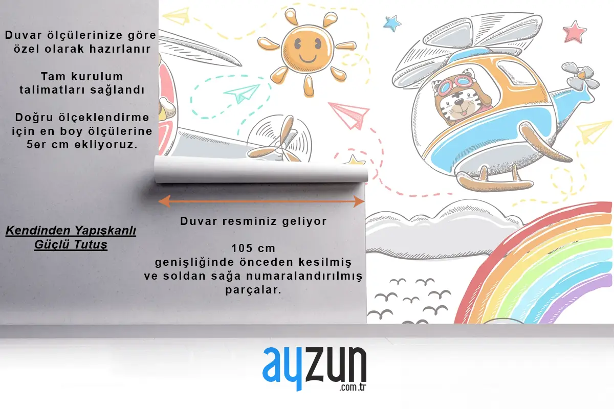 Helikopterlerde Elle Çizilmiş Komik Hayvanlar Karikatür Gökyüzü Nesne Öğeleri Karikatür Çocuk Odası Duvar Kağıdı Duvar