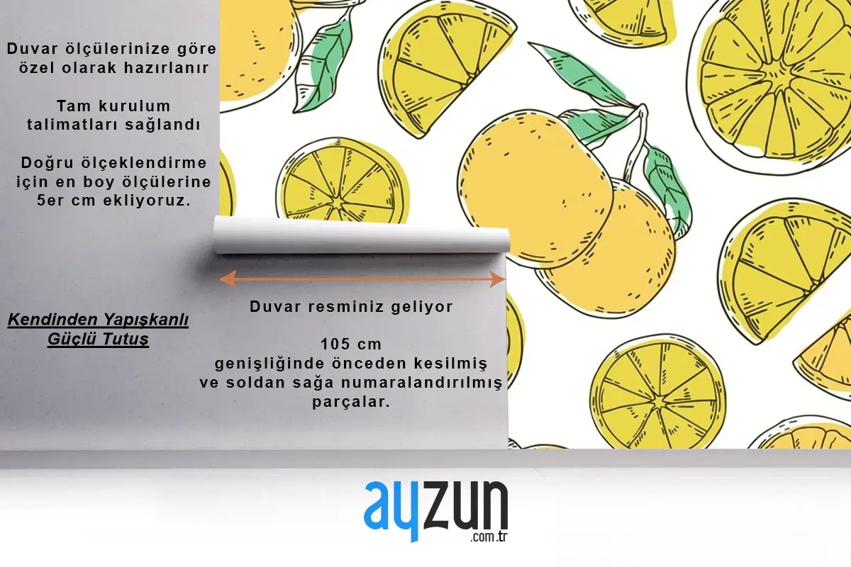 Elle Çizilmiş Çizgisel Oyulmuş Limon Desenli Mutfak Duvar Kağıdı