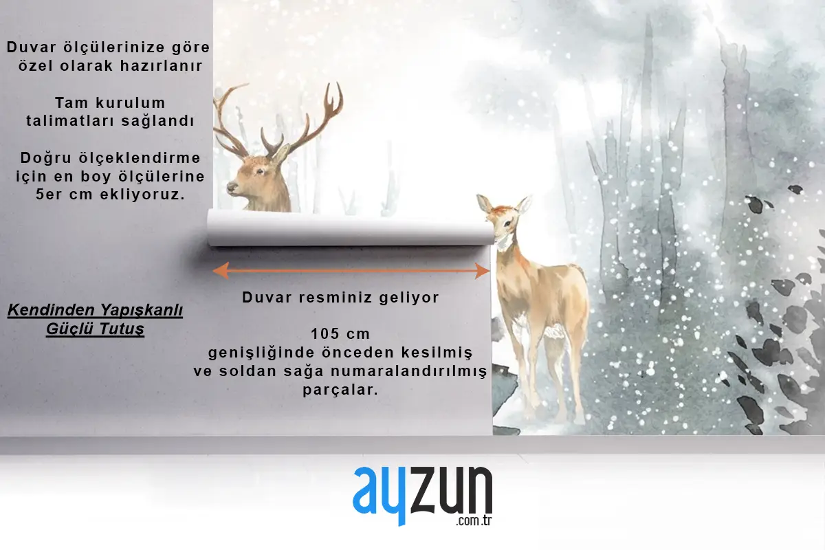 Elle Çizilmiş Geyik Çifti Suluboya Tarzı Yemek Odası Duvar Kağıdı