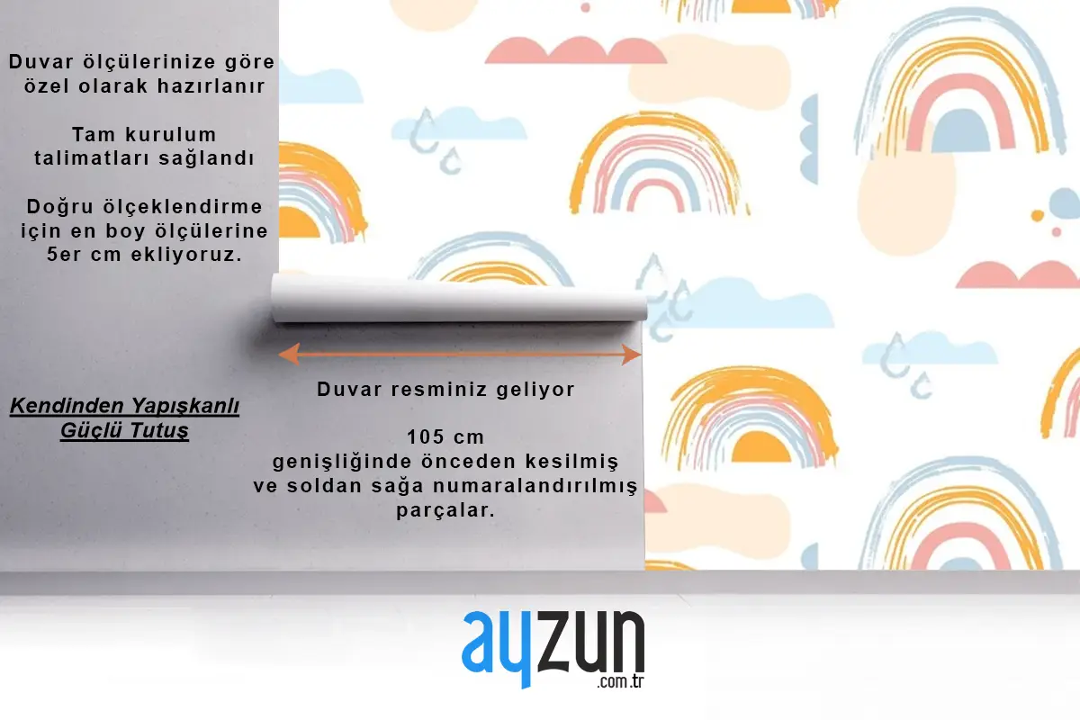 Elle Çizilmiş Gökkuşağı Desen Tasarımı Çocuk Odası Duvar Kağıdı
