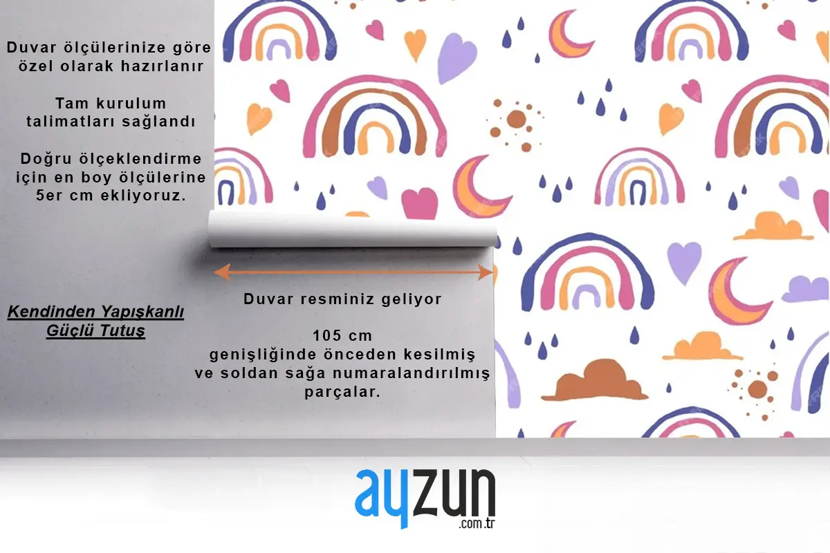 Elle Çizilmiş Gökkuşağı Desen Tasarımı Çocuk Odası Duvar Kağıdı