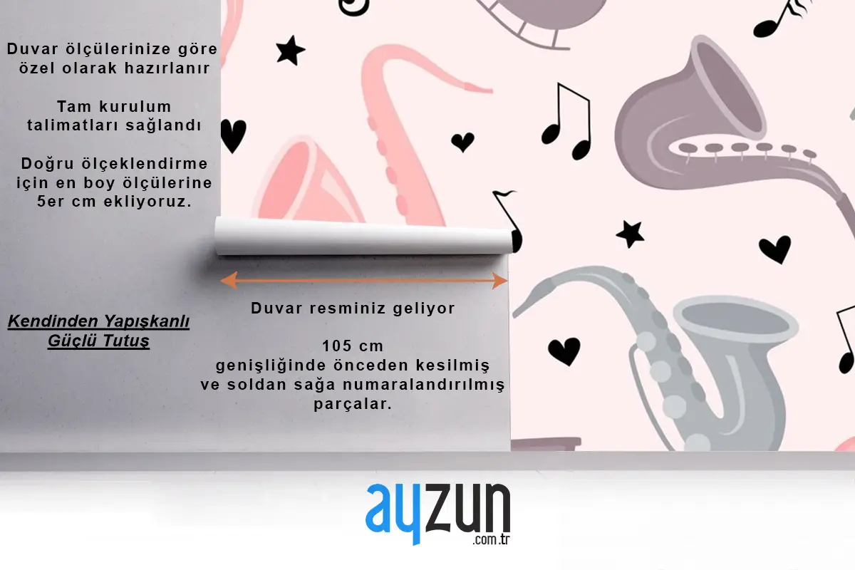 Elle Çizilmiş Saksafon Dikişsiz Desen Çocuk Odası Duvar Kağıdı