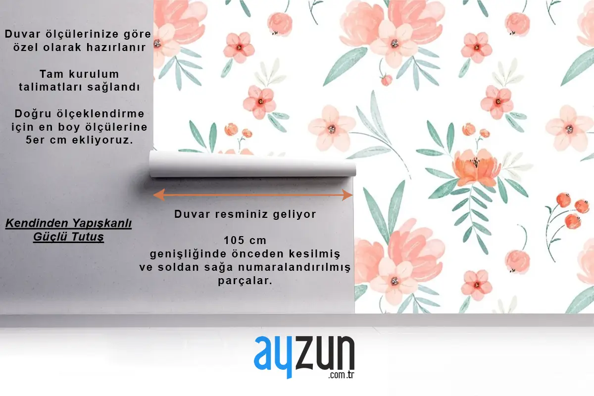 Şeftali Tonlarında El Boyalı Suluboya Çiçek Desenli Duvar Kağıdı