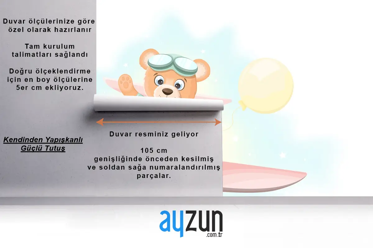 Uçakta Uçan Mutlu Ayıcık Çocuk Odası Duvar Kağıdı