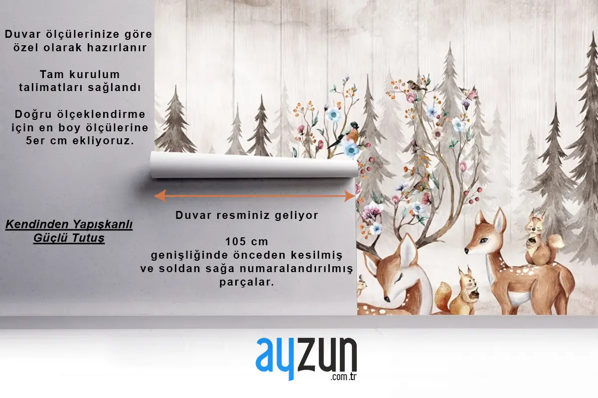 Hayvanlarla Suluboya Orman Geyik Çocuk Odası Duvar Kağıdı