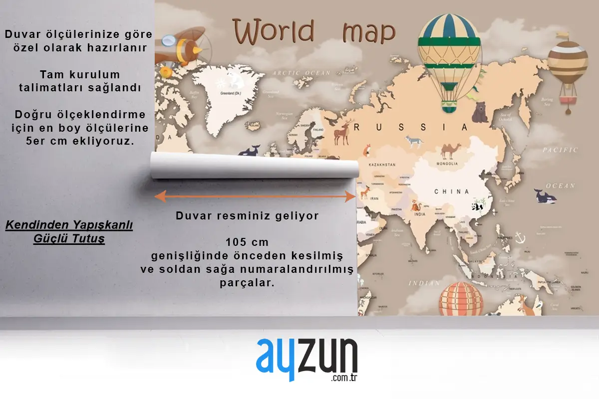 Hayvanlı Ve Sıcak Hava Balonlu Dünya Haritası Çocuk Odası Duvar Kağıdı