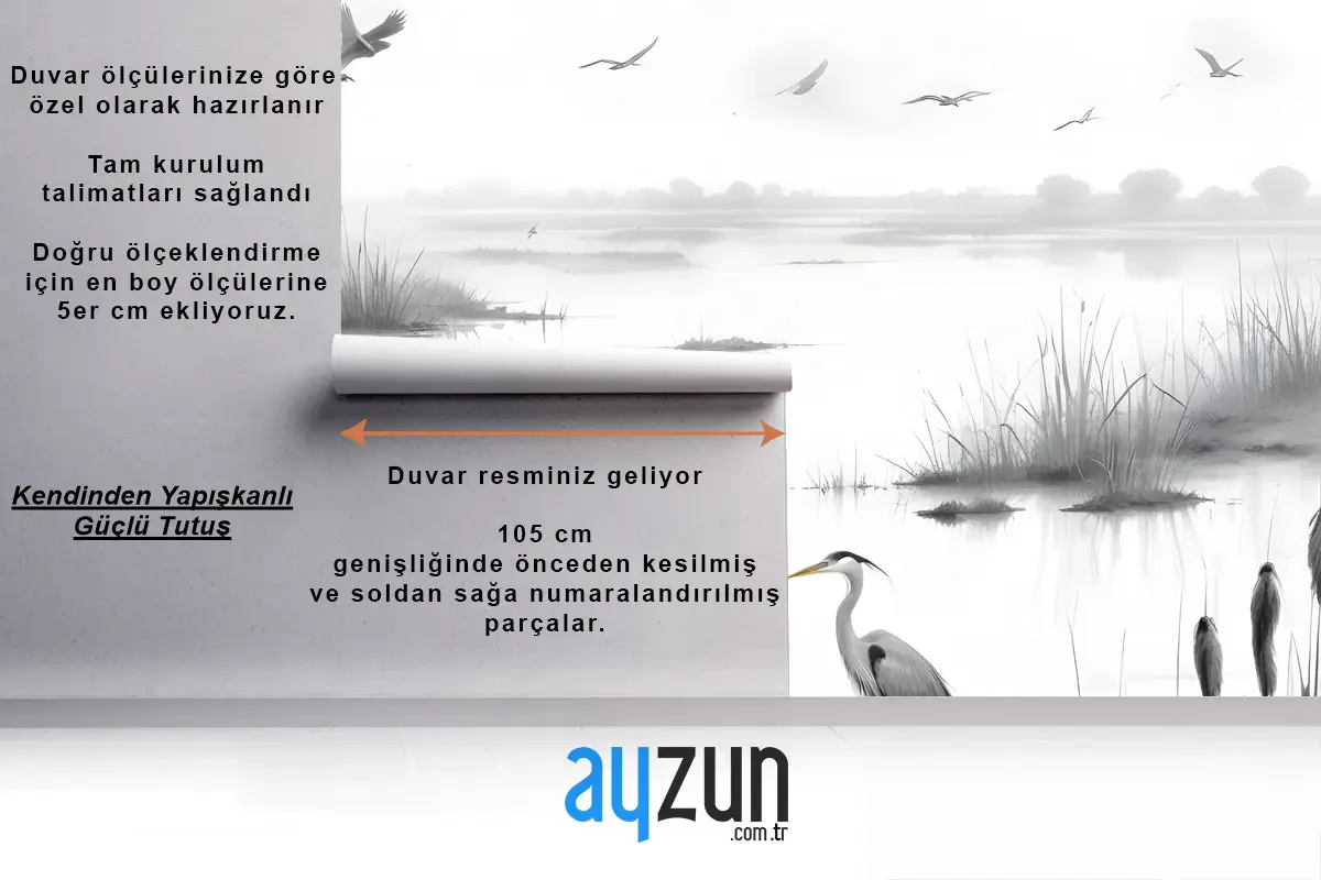 Uçan Kuşlarla Dumanlı Sulak Alanlarda Balıkçıl Kroki Oturma Odası Salon Duvar Kağıdı