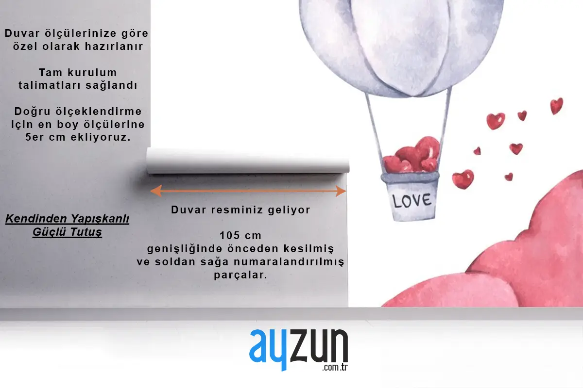 Sıcak Hava Balonu Gökyüzünde Yüzen Kalpli Çocuk Odası Duvar Kağıdı