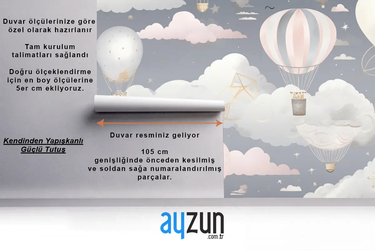 Bulutlarla Gökyüzünde Uçan Sıcak Hava Balonları Çocuk Odası Duvar Kağıdı