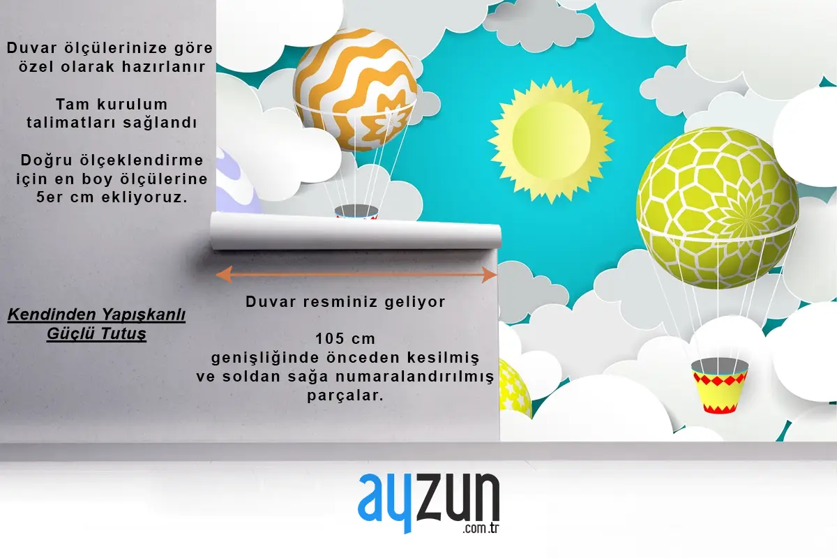 Gökyüzünde Sıcak Hava Balonları Kağıt Sanat Tarzı Çocuk Odası Duvar Kağıdı